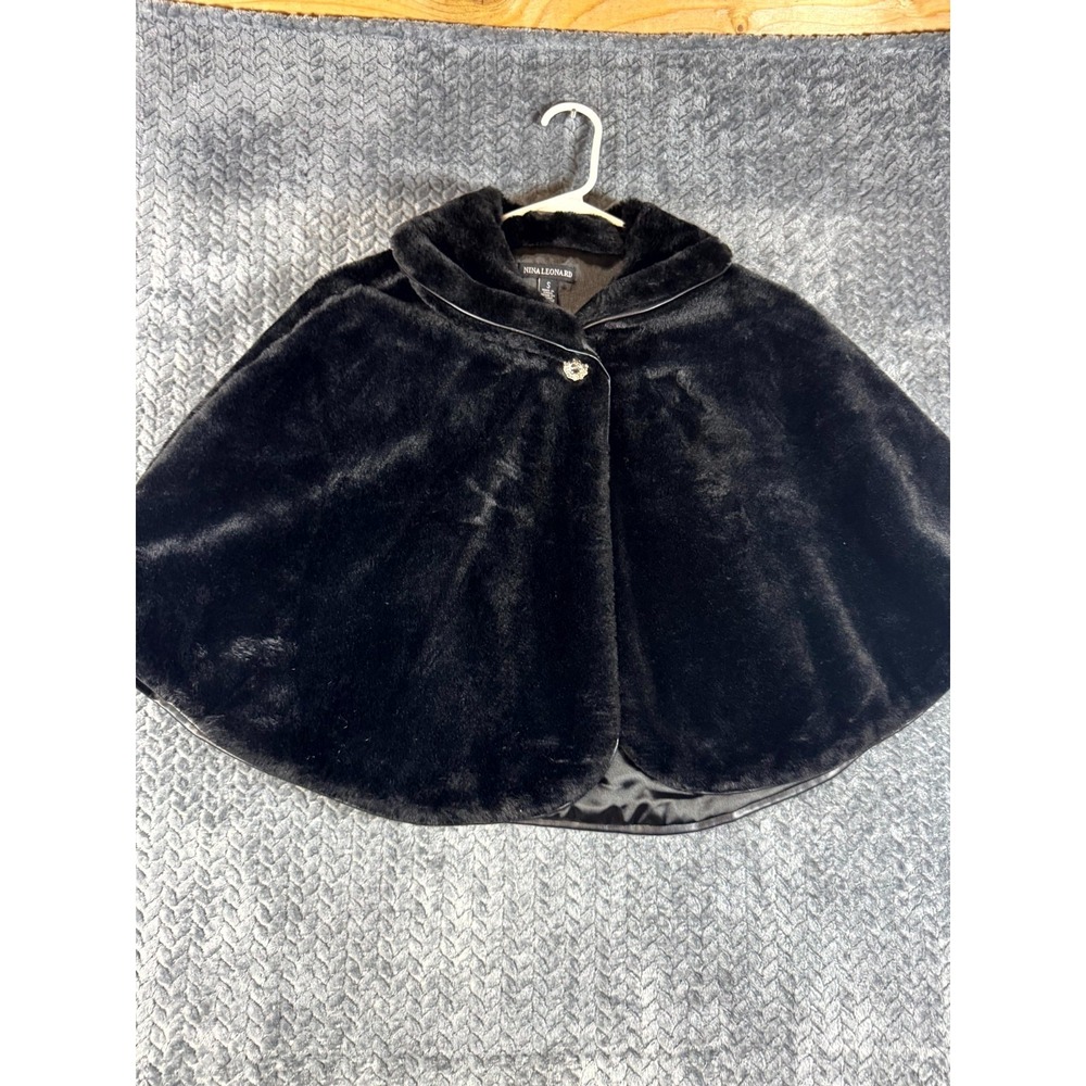 Vintage Nina Leonard Faux-Fur Collared Snap Capelet Womens Small Black Stretch